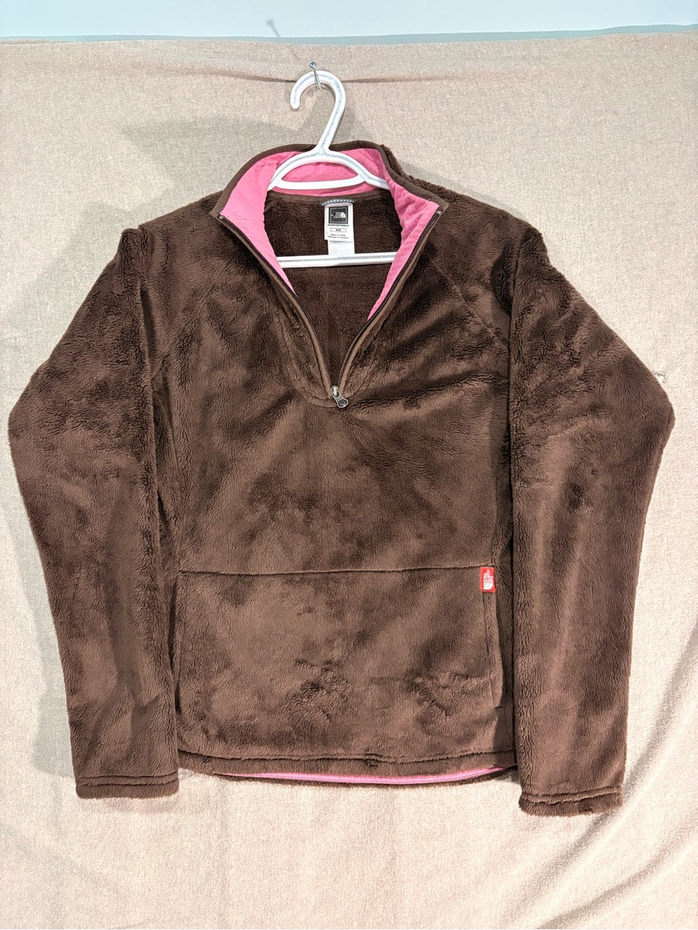 The North Face Brown Fleece Half-Zip Hoodie with Pink  Trim. Women’s medium